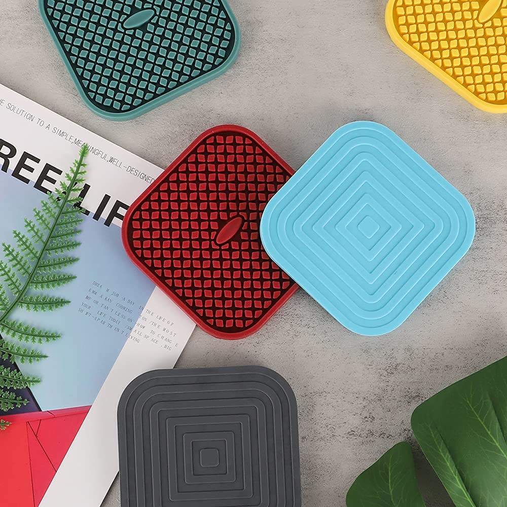 ME.FAN Silicone Coasters with Holder [6 Pack] Square Drink Cup Mat - Non-Slip, Non-stick, Stay Put, Deep Tray - Prevents Furniture and Tabletop Damages Black