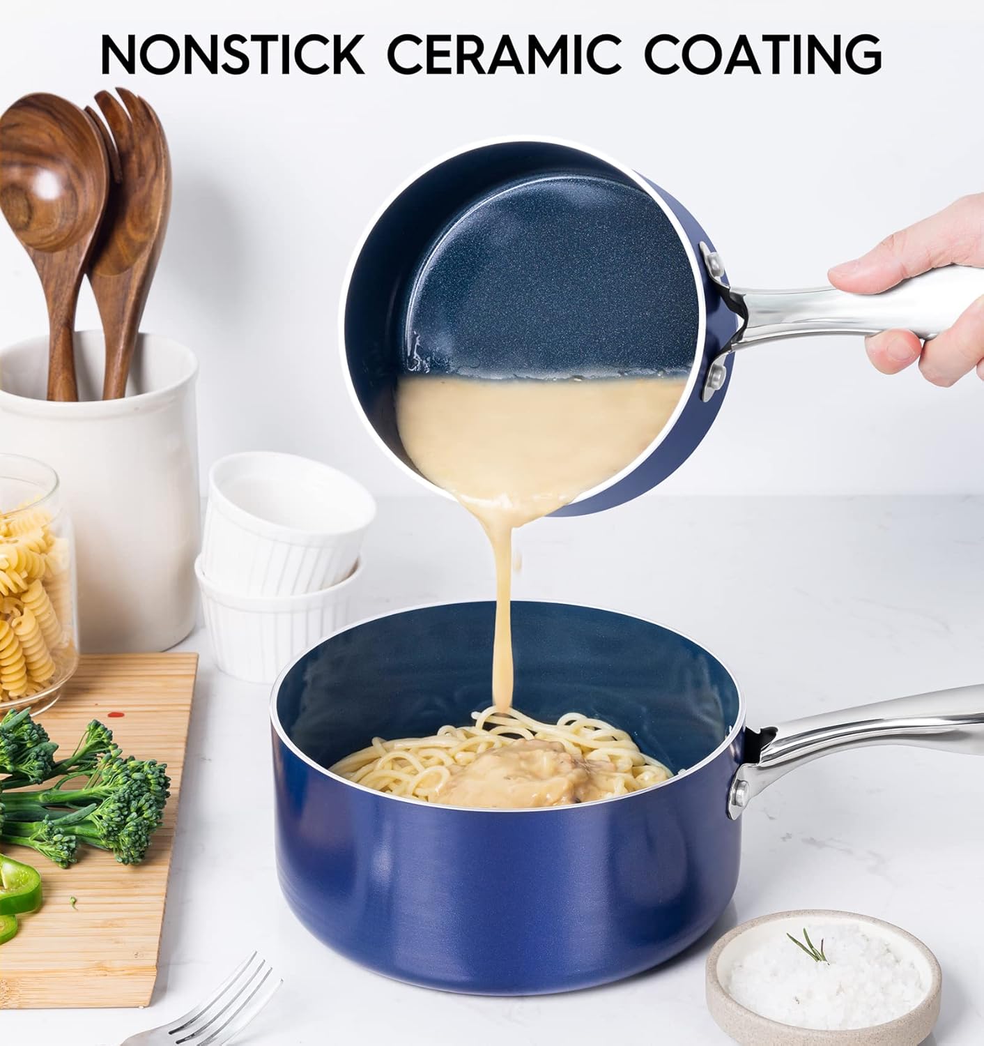 Michelangelo Nonstick Ceramic Saucepan - 1 Quart with Lid & Stainless Steel Handle - Blue