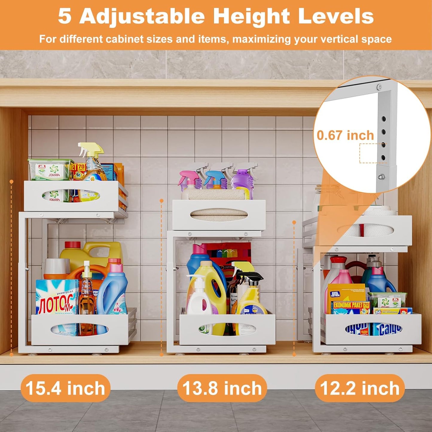 Under Sink Organizer - 2 Tier Adjustable Storage Solution | Slide-Out Metal Cabinet Drawer (White)