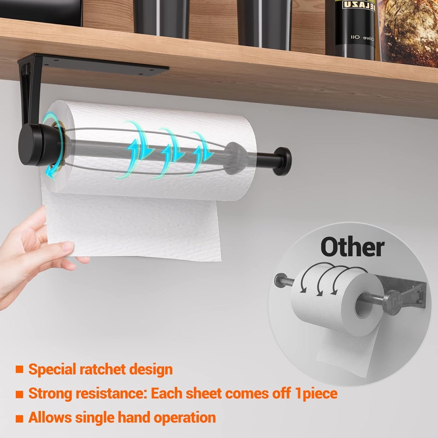 Paper Towel Holder - Under Cabinet Wall Mount by [Brand Name] | Single-Hand Operable, Self-Adhesive or Drilled, Black