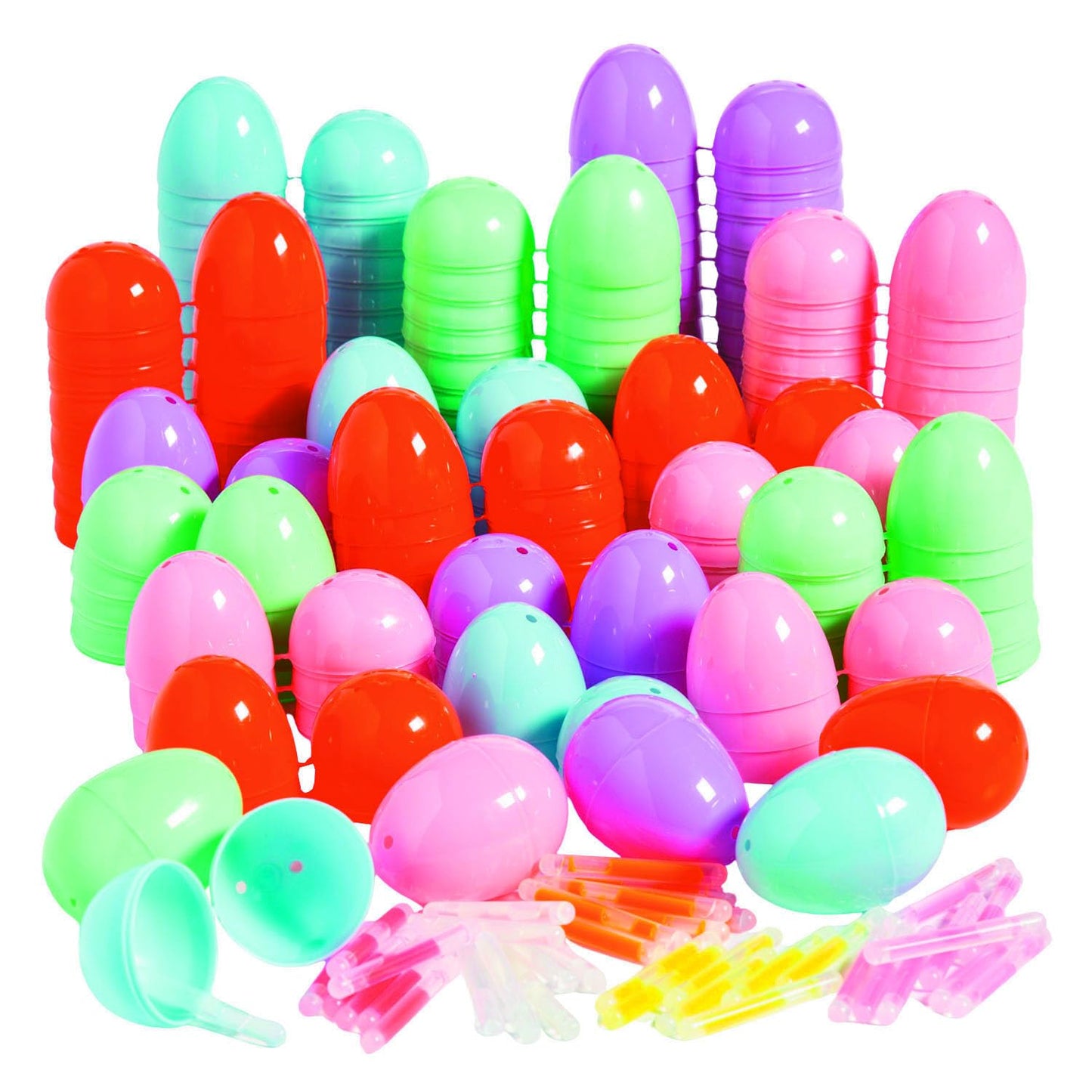 Fun Express, Glow in the Dark Easter Eggs with Mini Glow Sticks, 100 eggs, 100 Glow Sticks, Fillable Plastic Eggs, Multicolor Assortment, Easter Egg Hunt Kit, GID Easter Egg Hunt Supplies