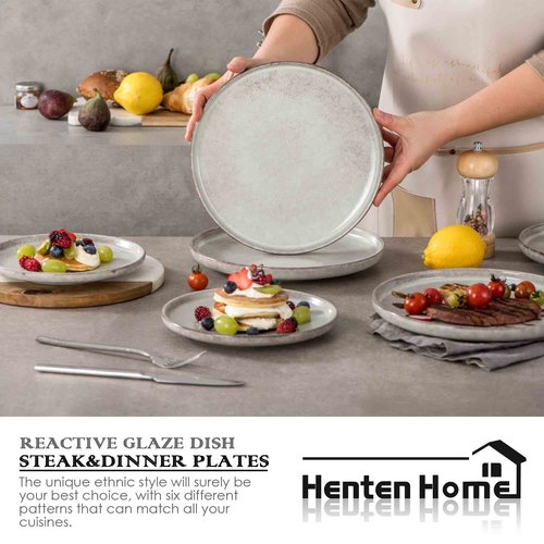 Henten Home 10 Inch Ceramic Dinner Plates, Porcelain Steak Plates Set of 4, Fluted Round Plates for Kitchen, Pasta, Salad Stonware Dishes, Scratch Resistant (Grey)