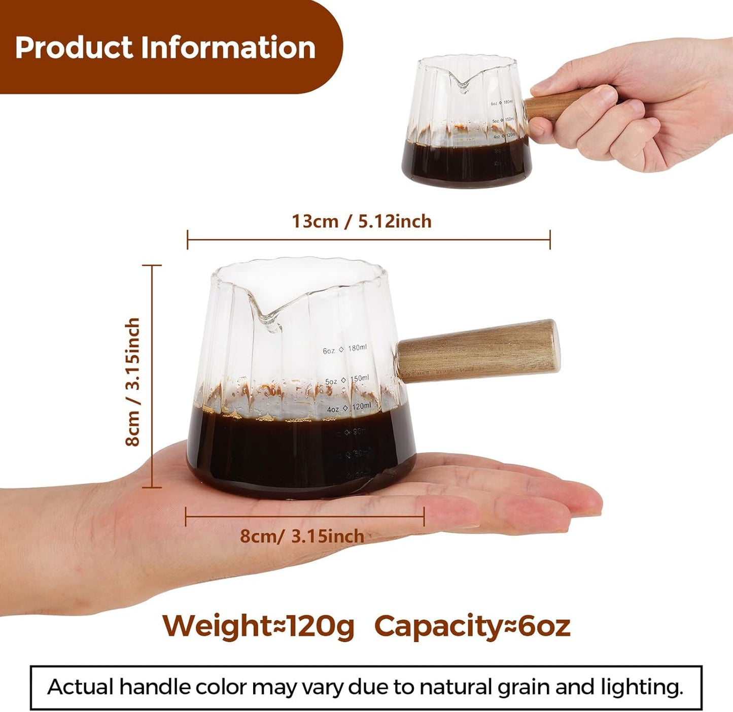 YARRAMATE Glass Measuring Cup - 6 oz/180ML with Wooden Handle | Ribbed Milk Frothing Pitcher, Easy Pouring