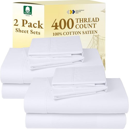 California Design Den King Size Sheet Sets - 400 Thread Count 100% Cotton Sateen - Soft, Breathable & Deep Pocket | Bright White - 2-Pack
