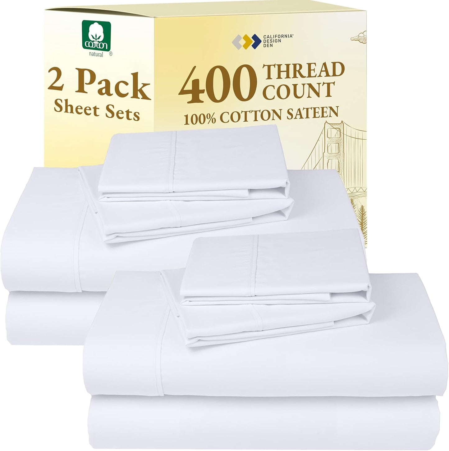 California Design Den Full Size Sheet Sets - 400 Thread Count 100% Cotton Sateen - Soft, Breathable & Deep Pocket - Bright White (2-Pack)