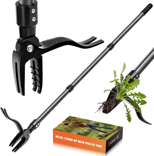 GOXAWEE Metal Stand Up Weed Puller Tool - 45" Steel Long Handle & 4-Claw Head for Easy Weeding