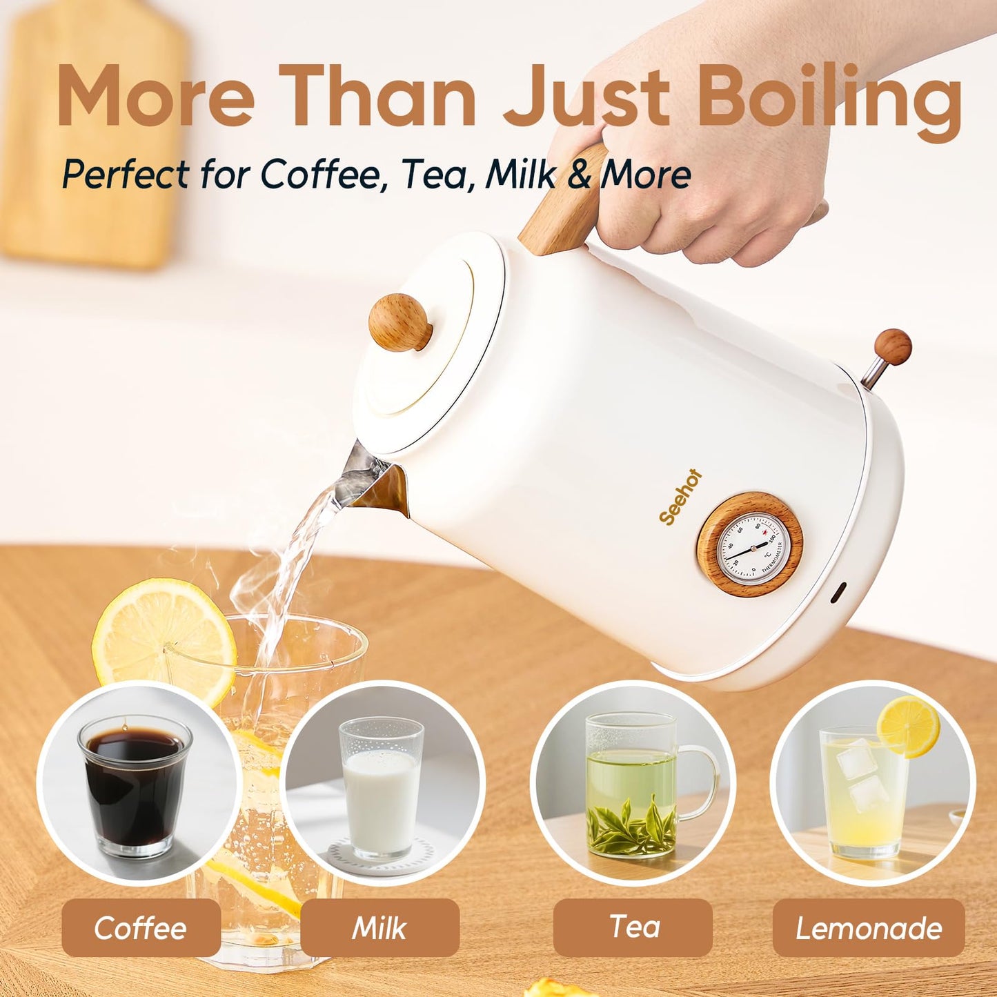 Seehot® 1.7L (57.oz) Electric Kettle with Thermometer, 1200W Large Electric Tea kettle with 304 Stainless Steel,Hot water kettle Electric for Coffee&Tea-White