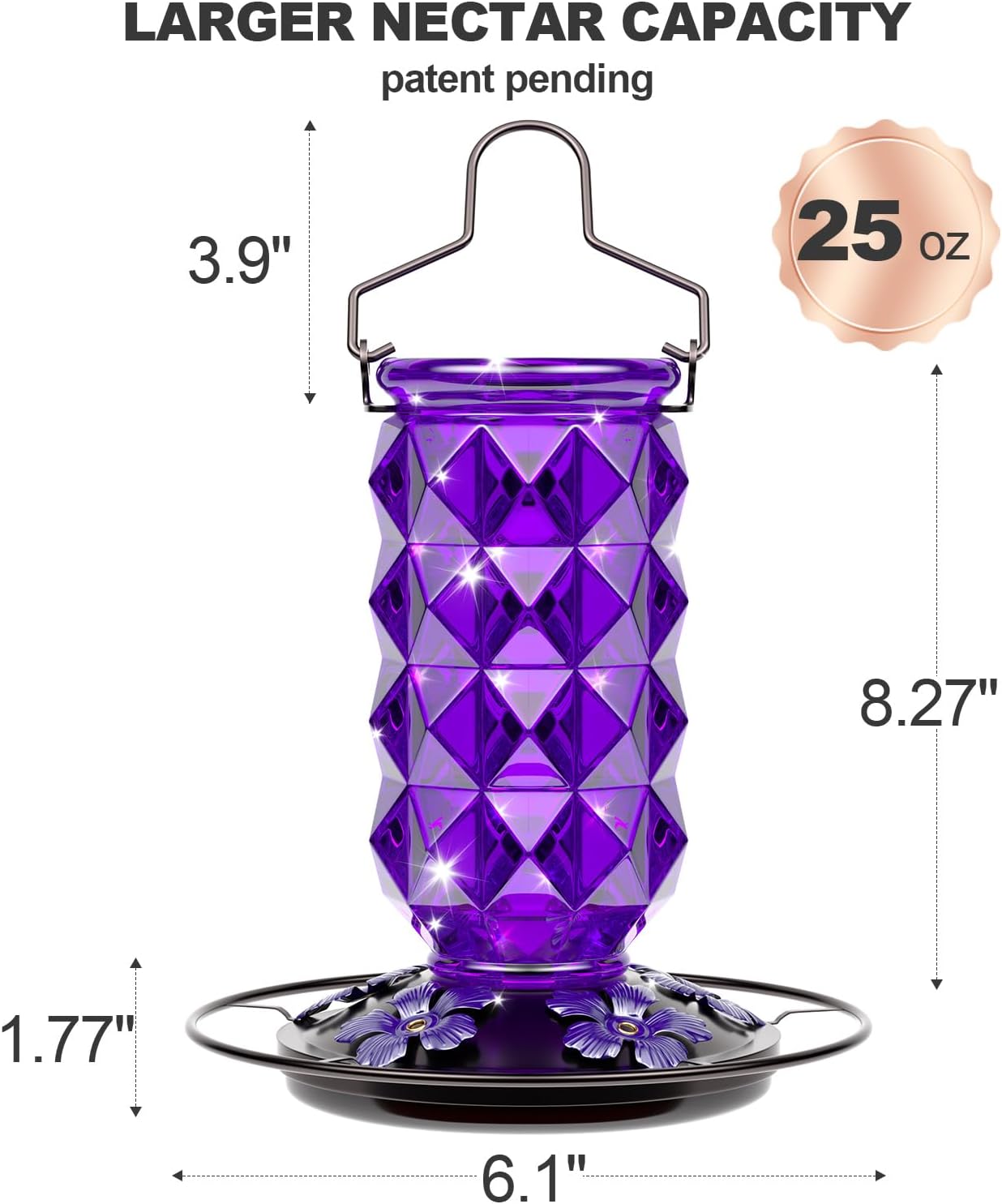 Skiennix Glass Hummingbird Feeder - 25 Ounce Leak-Proof Outdoor Nectar Feeder with 5 Flower Ports | Purple Garden Decor