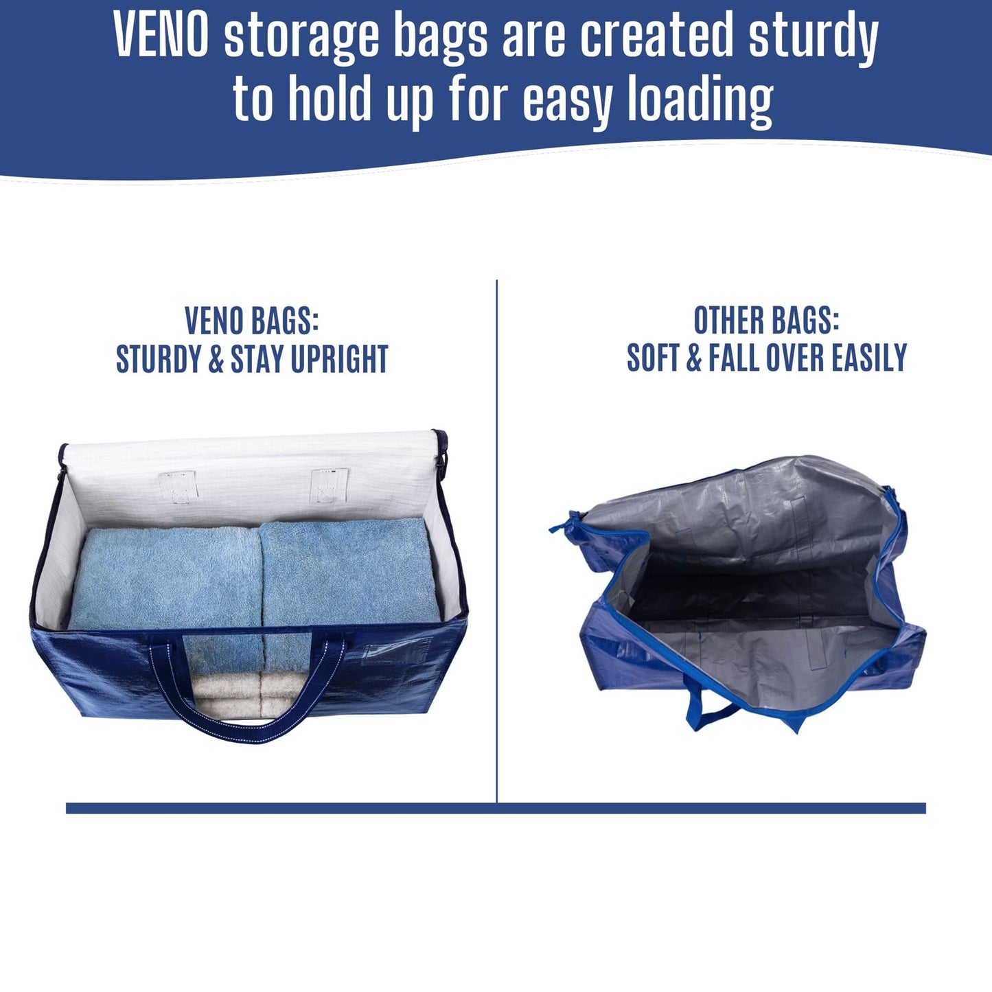 VENO 8 Pack Heavy Duty Moving Bags, Clothes and Comforter Storage Bags with Clear Window, College Dorm Essentials Packing Supplies, Foldable Boxes Alternative (Blue, 8 Pack)