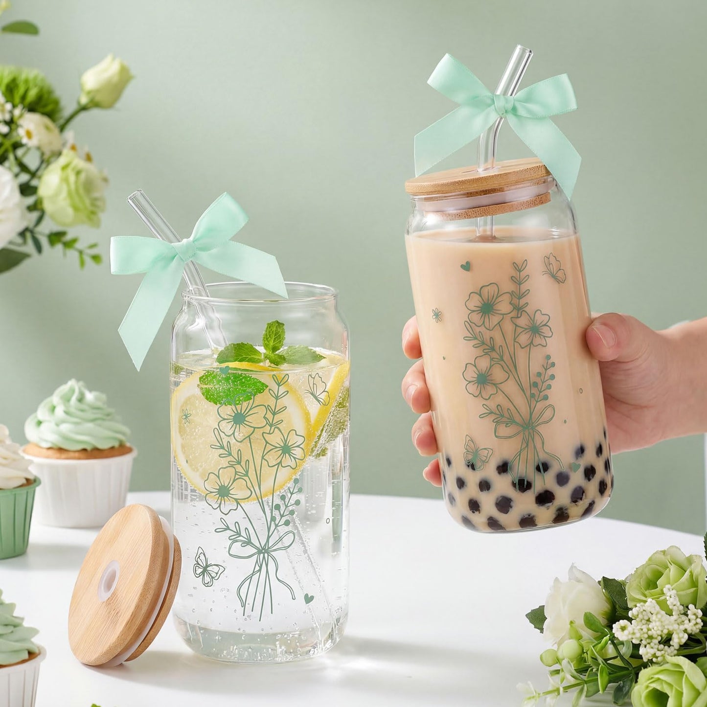 NatNarr 2 Pcs Glass Cups with Lids and Straws, Gifts for Women 16oz Sage Green Floral Glass Coffee Cups, Cute Aesthetic Glass Cup for Mothers Day Gifts Girls New Mom Birthday Baby Shower Party Gift