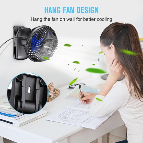BESKAR Portable USB Clip-On Fan - 3 Speed Quiet Desk Fan with Strong Airflow & Sturdy Clamp