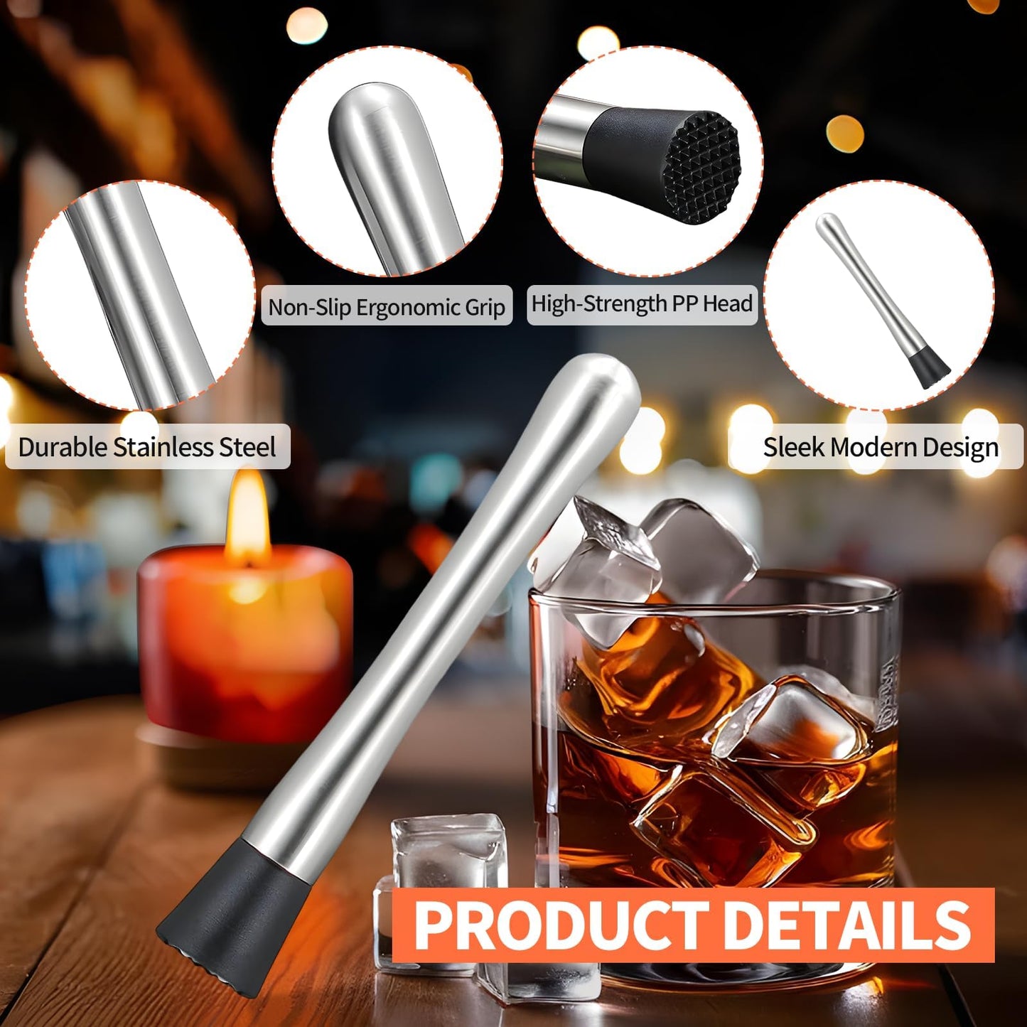 2 PCS Muddler for Cocktails,8" Stainless Steel Cocktail Muddler for Lemonade, Lemon Smasher Bartender Accessories, Crushes Ice,Fruits & Herbs, Bartender Tool for Home,Bar Use,Lemonade stand supplies