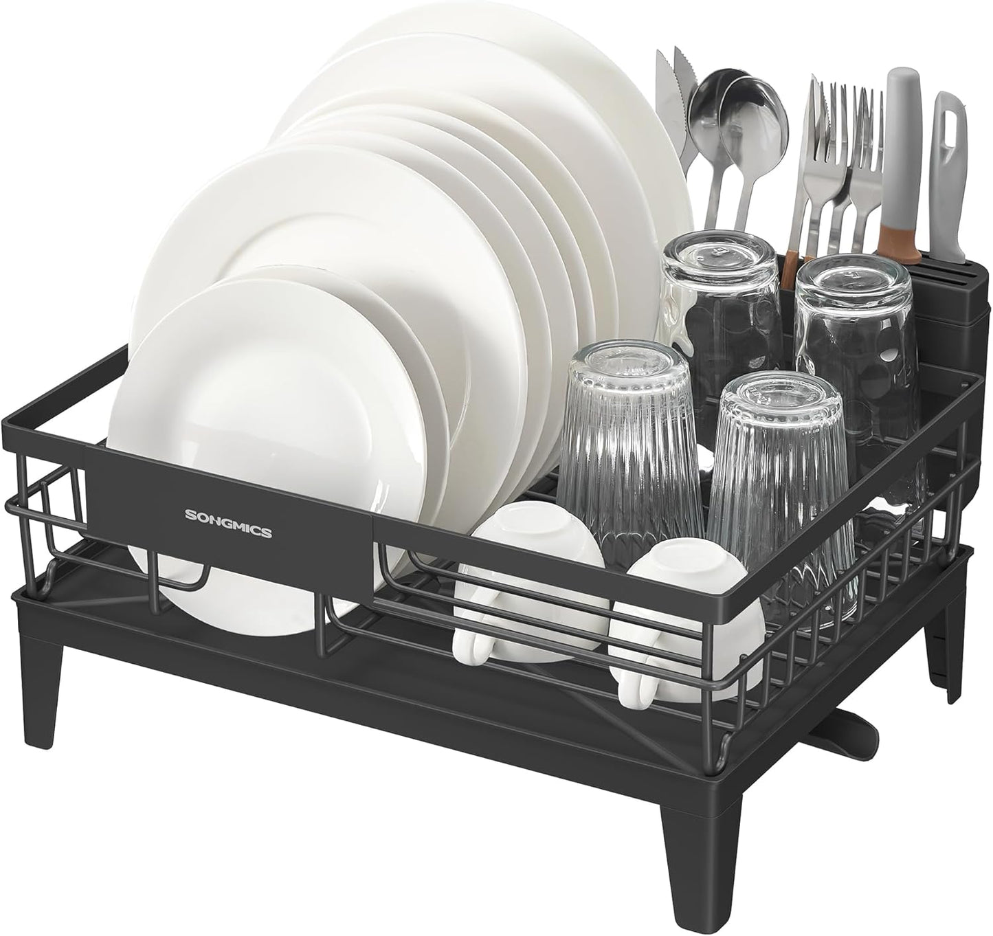 SONGMICS Dish Drying Rack - 360° Rotatable & Extendable Spout with Cutlery Holder | Ink Black, 12.2 x 16.5 x 7.3 Inches