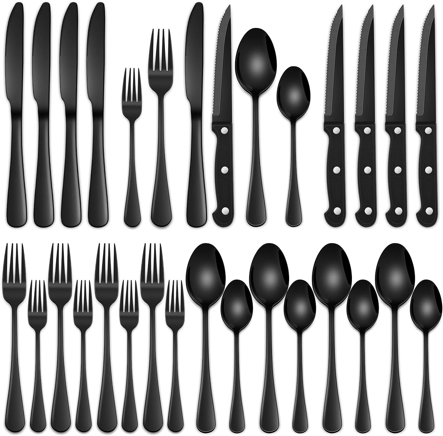 Skiennix 24-Piece Black Silverware Set - Food-Grade Stainless Steel Cutlery for 4 | Mirror Finish