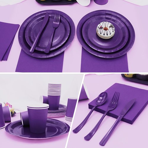 Gudvilla Purple Paper Plates Party Supplies,168pcs Purple Plates and Cups and Napkins Set for Mardi Gras Birthday Decorations Disposable Dinnerware Sets for Women Serve 24