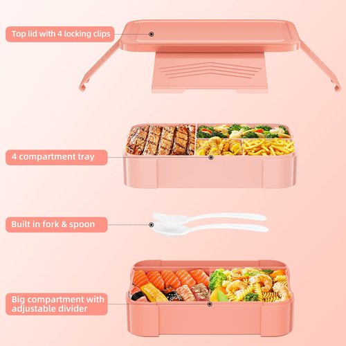 Cherrysea Stackable Bento Box Large Adult Lunch Container 6 Compartments Leakproof Kids Toddler Bento Lunch Box for School, All in One Pink Lunch Box with Adjust Divider for Office, Picnic - 1500ML