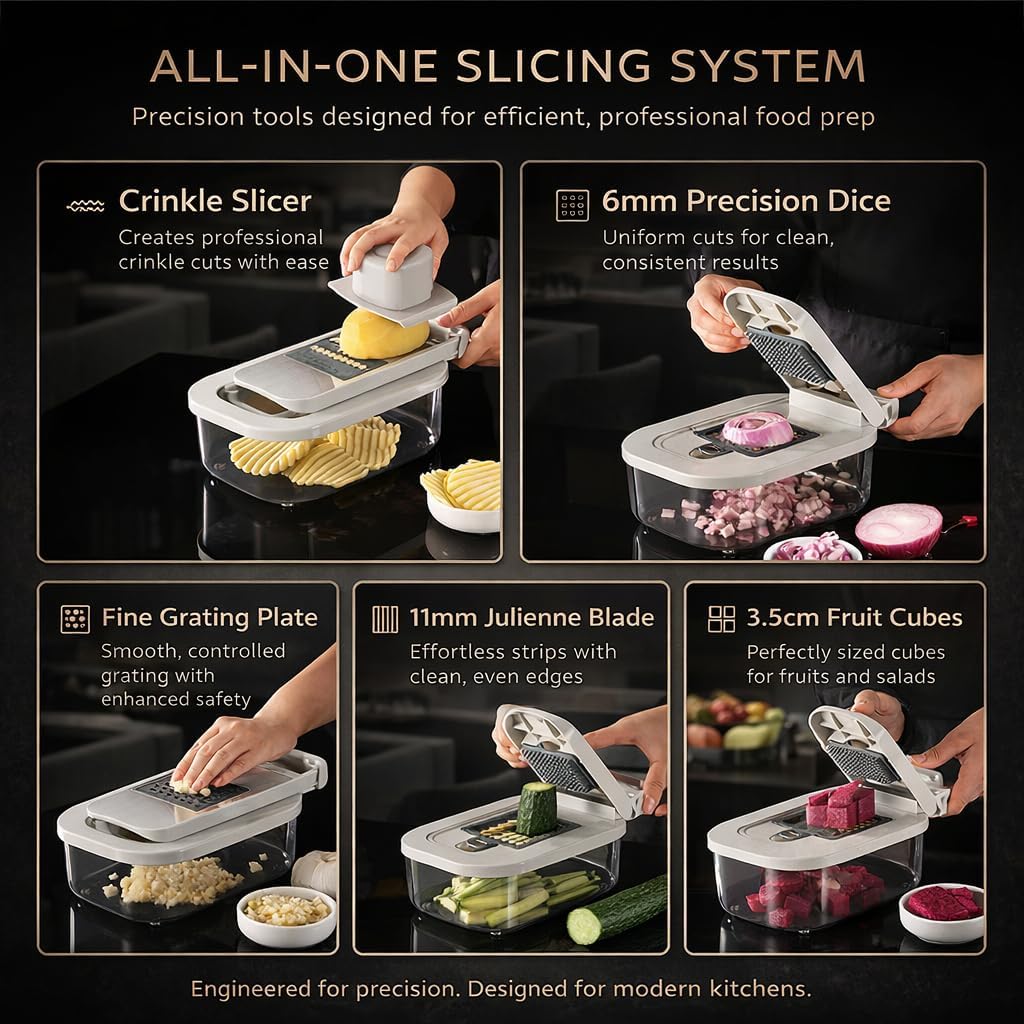 Skiennix All-in-One Food Chopper - 9-in-1 Vegetable Slicer with Interchangeable Blades & BPA-Free Container