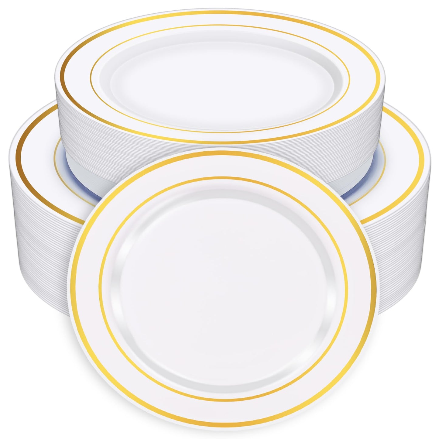Zcaukya 100PCS Gold Plastic Plates, Disposable Plastic Dishes with Gold Rim in Bulk, 50 Pcs Each 10.25 Inch and 7.5 Inch for Dinner, Birthday and Wedding
