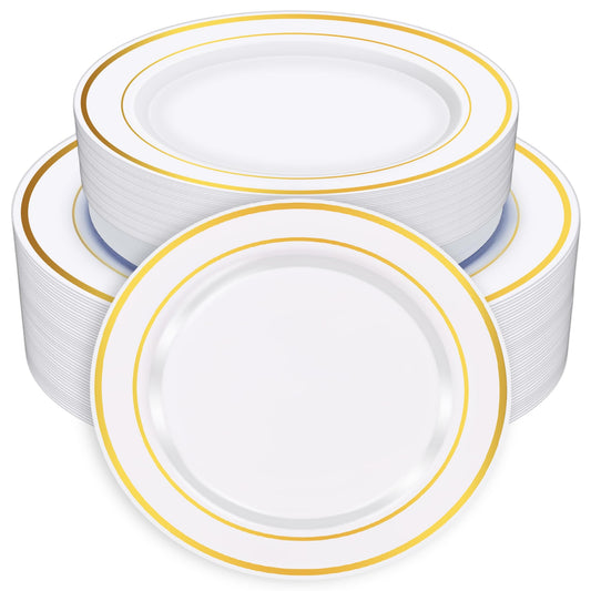 Zcaukya 100PCS Gold Plastic Plates, Disposable Plastic Dishes with Gold Rim in Bulk, 50 Pcs Each 10.25 Inch and 7.5 Inch for Dinner, Birthday and Wedding