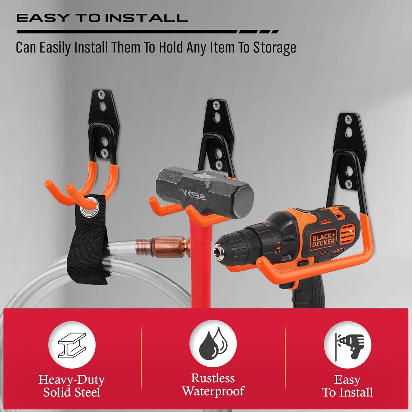 Skiennix Garage Tool Storage Wall Hook Set - 15PCS Heavy Duty Organizer for Garden Tools & Bikes - Orange
