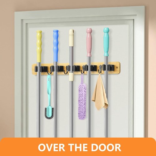IMILLET Broom Holder Wall Mount - Bamboo Mop and Broom Organizer with 5 Racks & 4 Hooks | Ideal for Home Storage