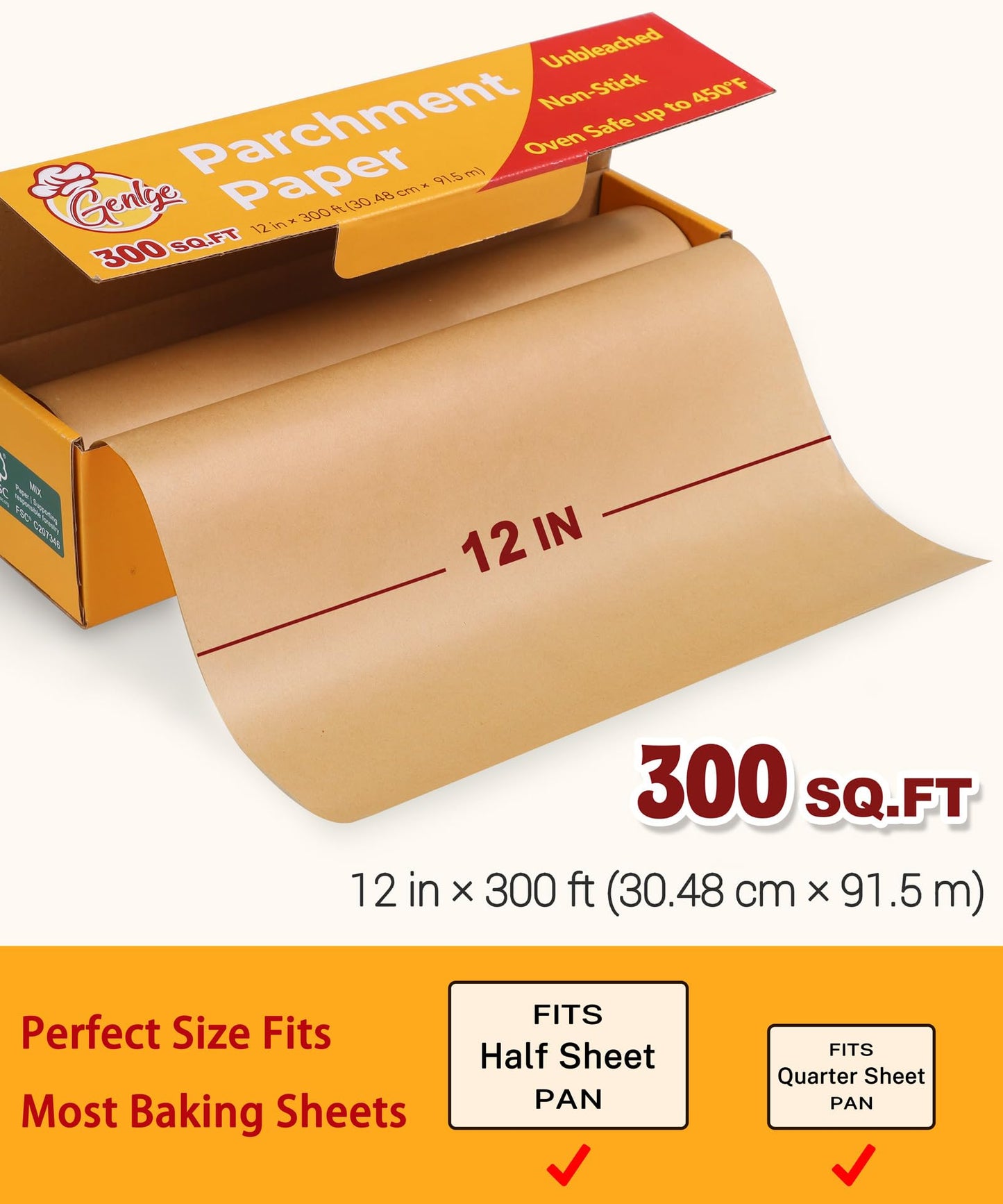 GENLGE 300 Sq. Ft Unbleached Parchment Paper Roll – 12" x 300 ft, Non-Stick Brown Baking Parchment Paper, Heavy Duty for Oven, Air Fryer & Grilling