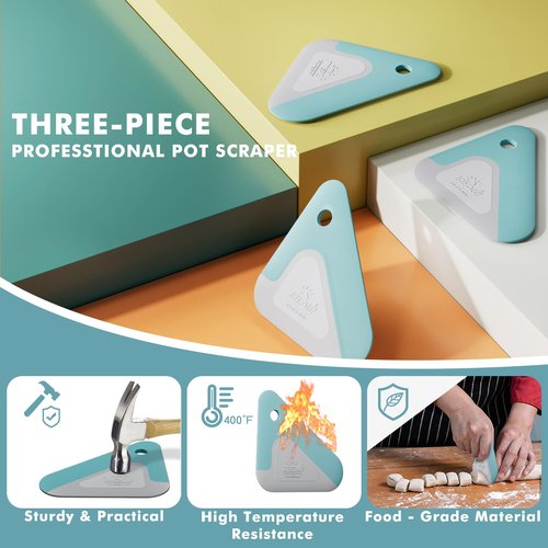 Food Scraper, 2-in-1 Pot and Pan Dish Scraper, Nylon and Silicone, Kitchen Scraper Tools for Cast Iron Skillets, Cookware, Dishes, Pans and Pots, Heat Resistant, Set of 3 - Blue