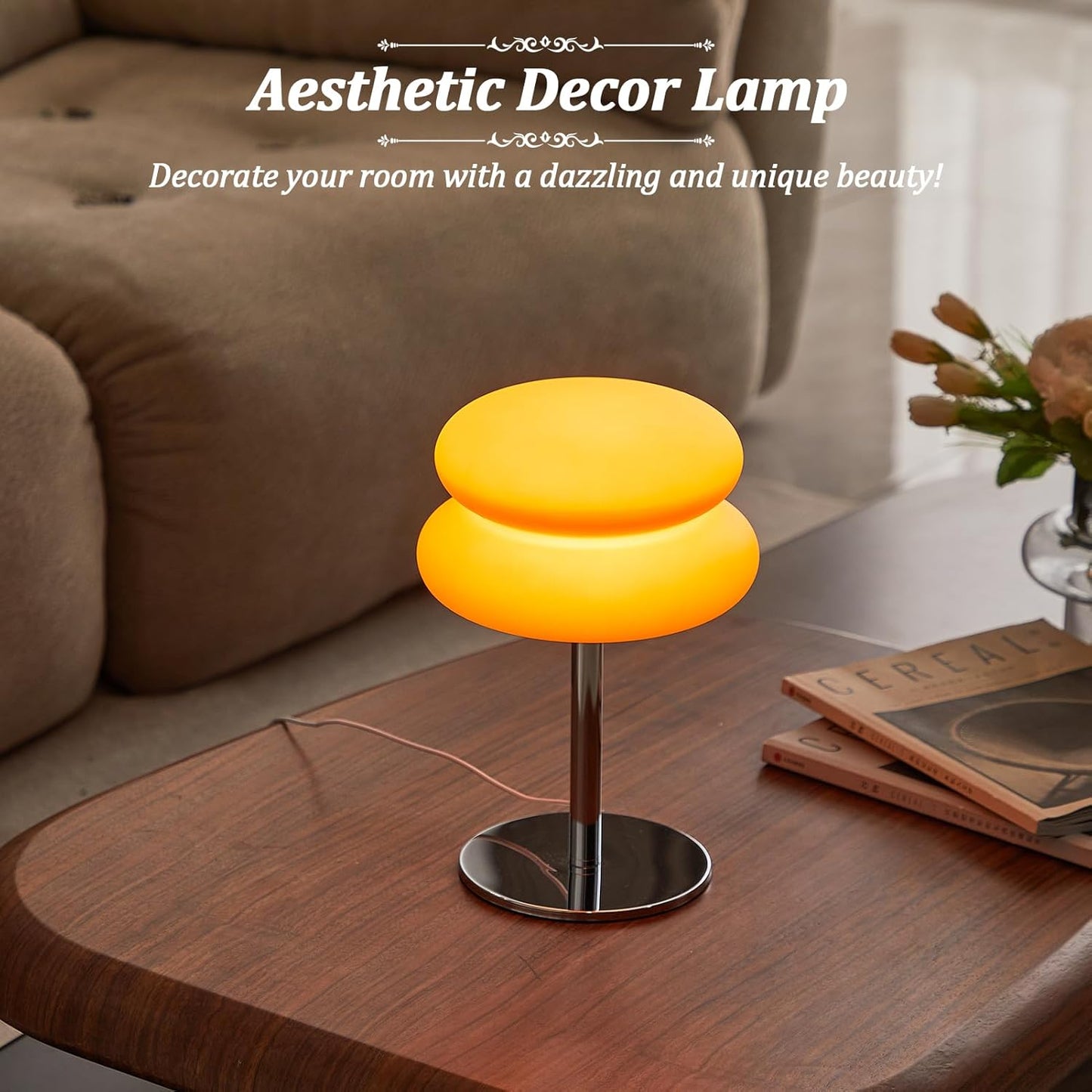 Skiennix Orange Mushroom Lamp - Dimmable Mid Century Modern Nightstand Light | Retro Egg Tart Design for Bedroom & Living Room Decor