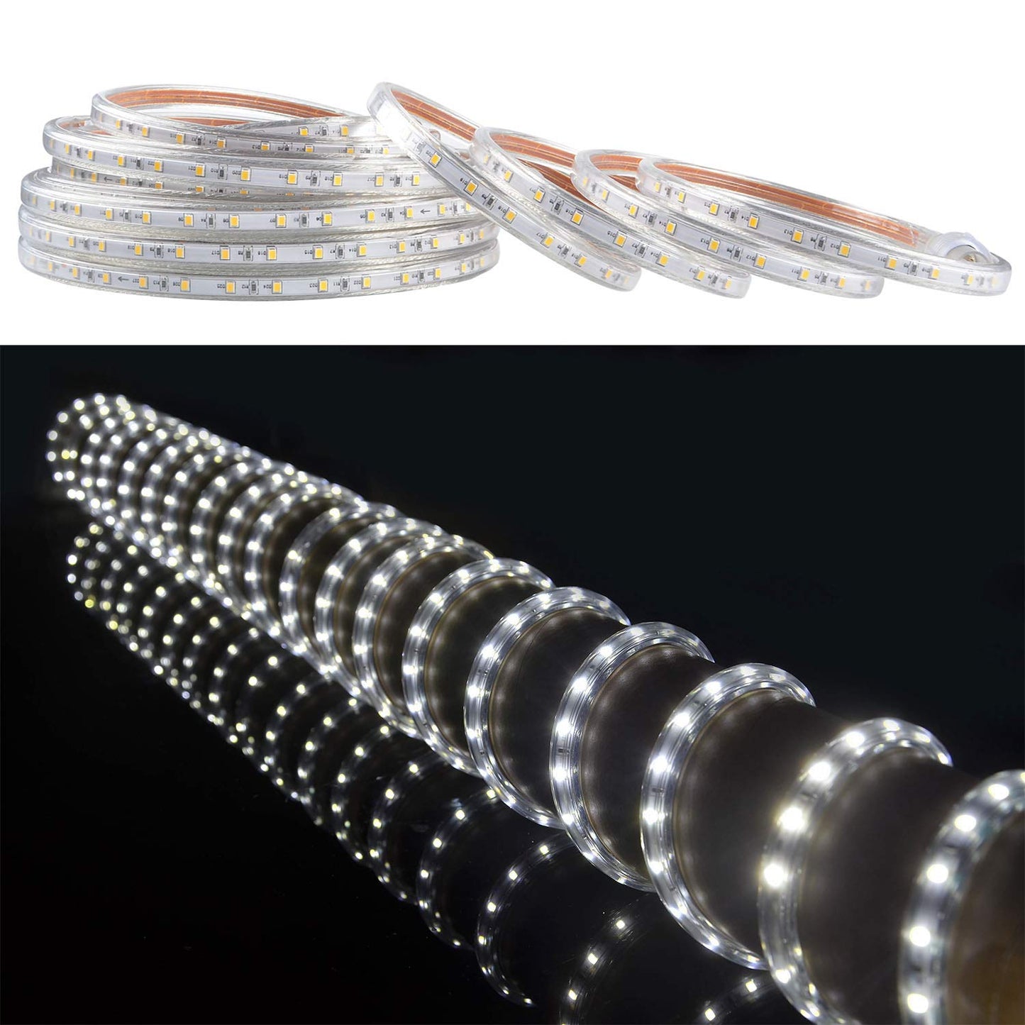 SURNIE 50ft LED Rope Lights Outdoor Waterproof, 110V Flexible Daylight White Bright Lighting Cuttable Connectable, Cool Clear Flat Strip Light 6000K for Outside Deck Patio Camping Decor, Not Tube Rope