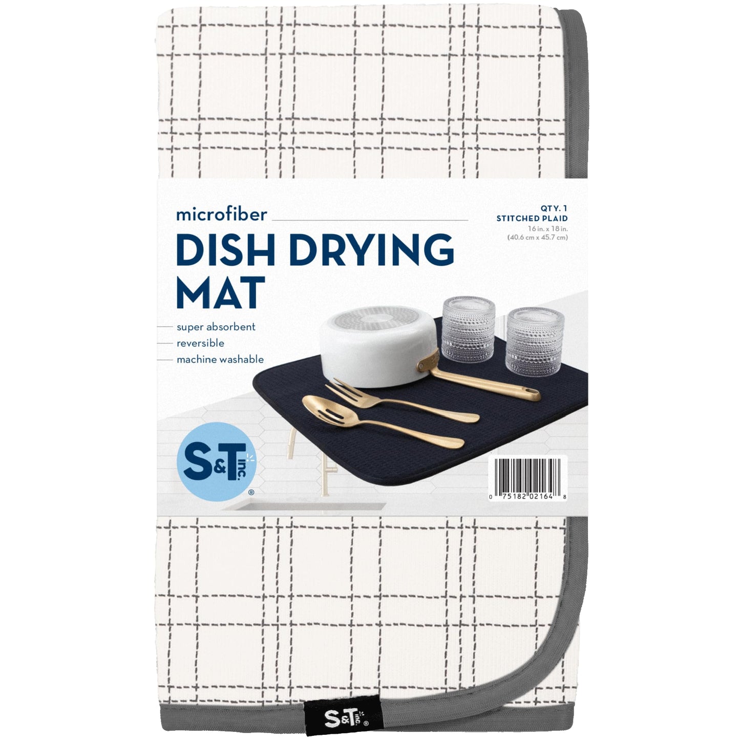 S&T INC. Dish Drying Mat, 16” x 18”, Absorbent Microfiber Kitchen Counter Mat, Dish Drying Pad for Dishes, Utensils, Pots and Pans, Large, Stitched Plaid