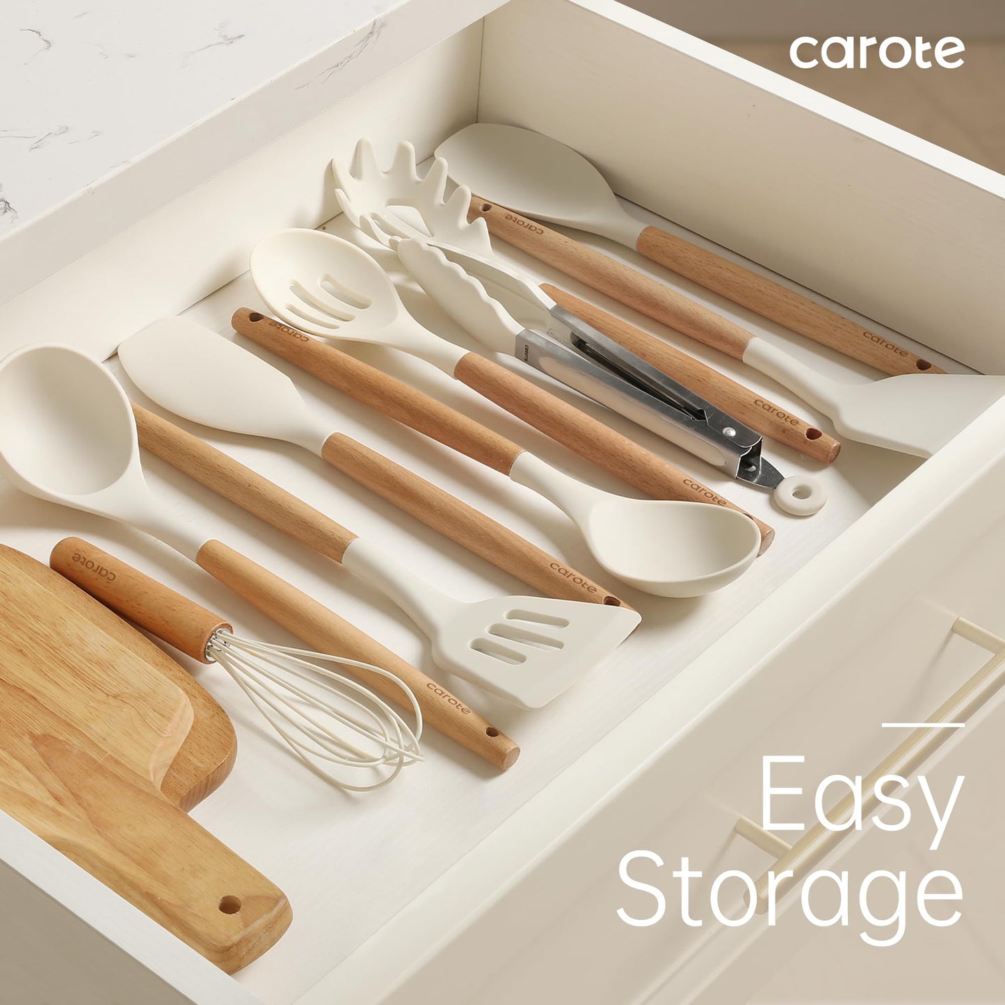 CAROTE Silicone Cooking Utensils Set for Nonstick Cookware, 446°F Heat Resistant Kitchen Utensil Set with Wooden Handle 10pcs, Spatula, Turner, Spoon, Tongs, Whisk