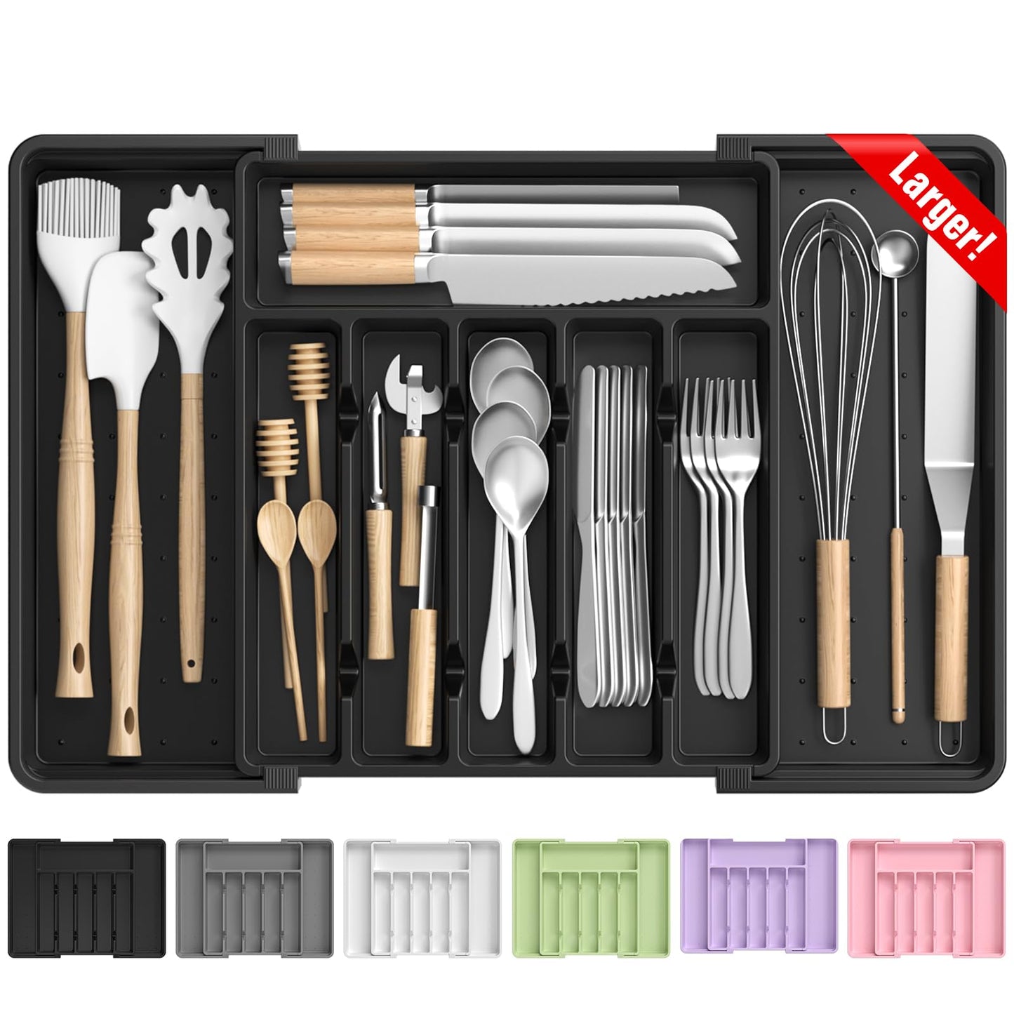 RoomHacks Large Silverware Organizer,Expandable Utensil Drawer Organizer,BPA Free Utensil Holder,Adjustable Silverware Tray Cutlery Drawer Organizer for Kitchen Flatware,Large,Black (6-8 Slots)
