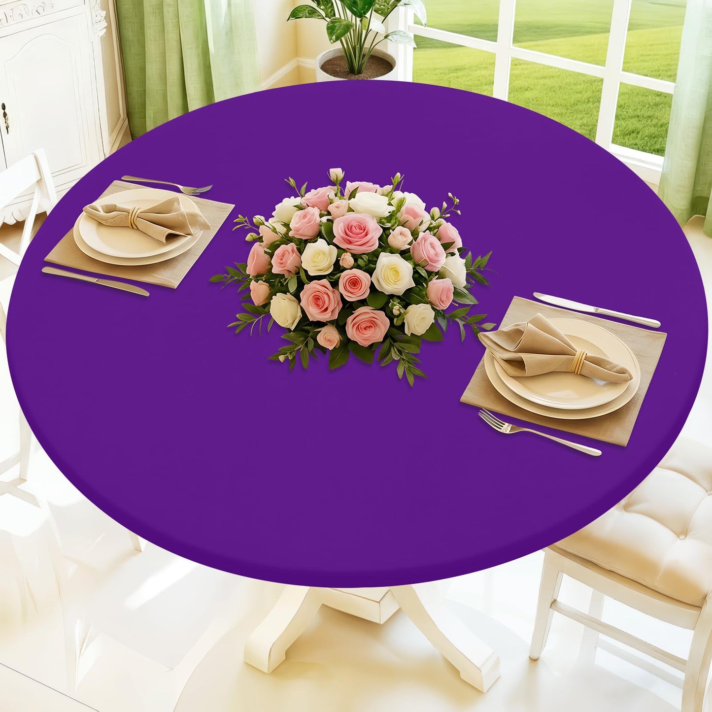 Moosfor Round Spandex Tablecloth, Elastic Fitted Waterproof Tablecloths for 31"-35" Tables, Stretch Washable Picnic Table Cover for Camping, Dining, Indoor and Outdoor, Purple