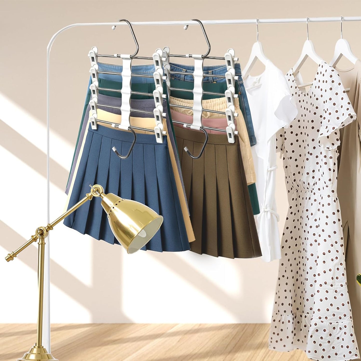 Skiennix Skirt Hangers - Space-Saving Metal Clips for Shorts, Skirts & Pants - 2 Pack Closet Organizer