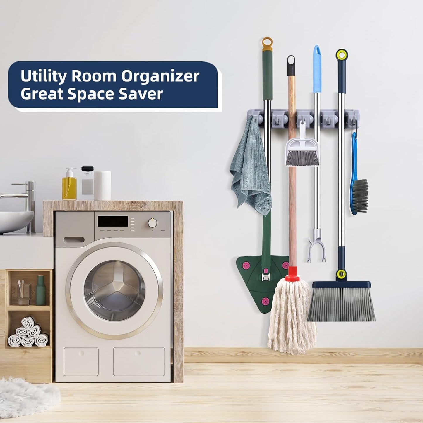 Skiennix Mop And Broom Holder - Wall-Mounted Organizer For Closet, Laundry Room & Garage Storage