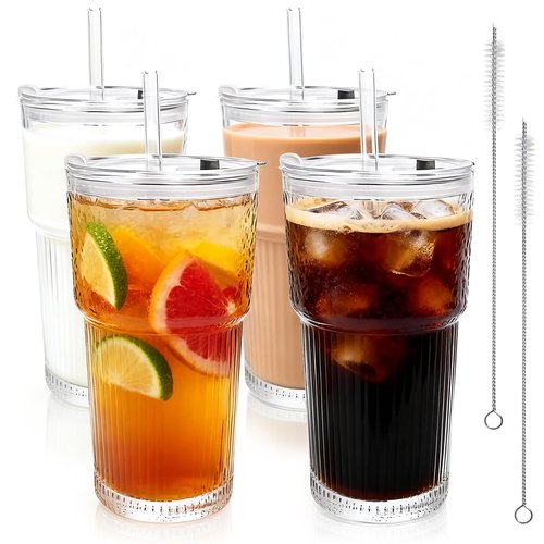 GGOLDMER 4 Pack Glass Tumblers with Lids and Straws, 20oz Iced Coffee Cups with Lids Reusable for Juices, Smoothies, Cocktail, Beer, Tea and Latte - Ribbed Design & Thick Glass
