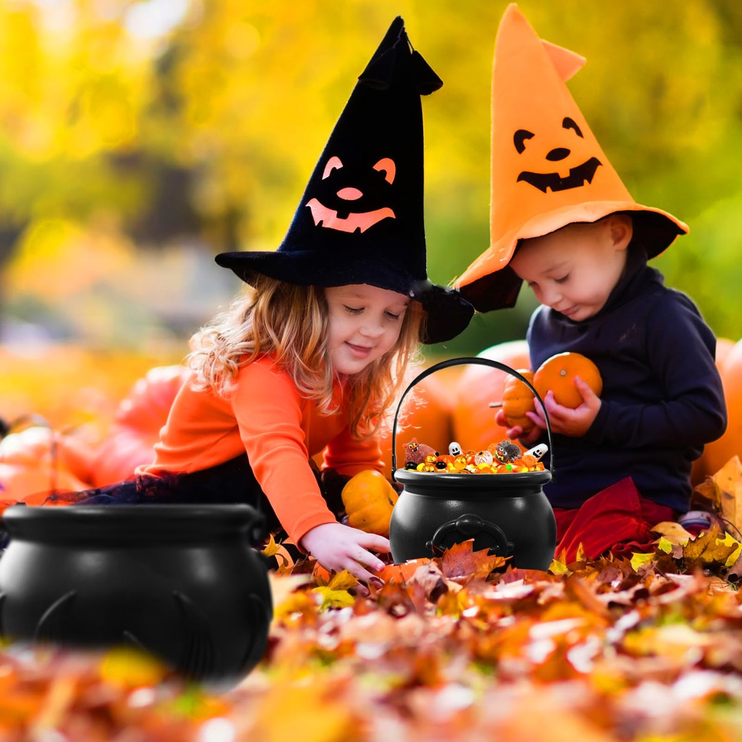 Eerrhhaq 3 in 1 (12.6",9.8",7.6") Halloween Large Black Witch Cauldron Kettle,Plastic Candy Bucket Holder Cauldron Pot Bowl,Party Favor Decoration for St. Patrick's Day and Halloween