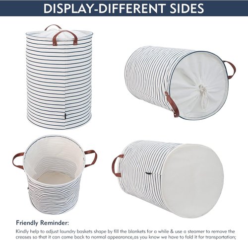 DOKEHOM 20-Inch Freestanding Laundry Basket - Collapsible Drawstring Hamper with Lid & Handle (Blue Stripe, L)