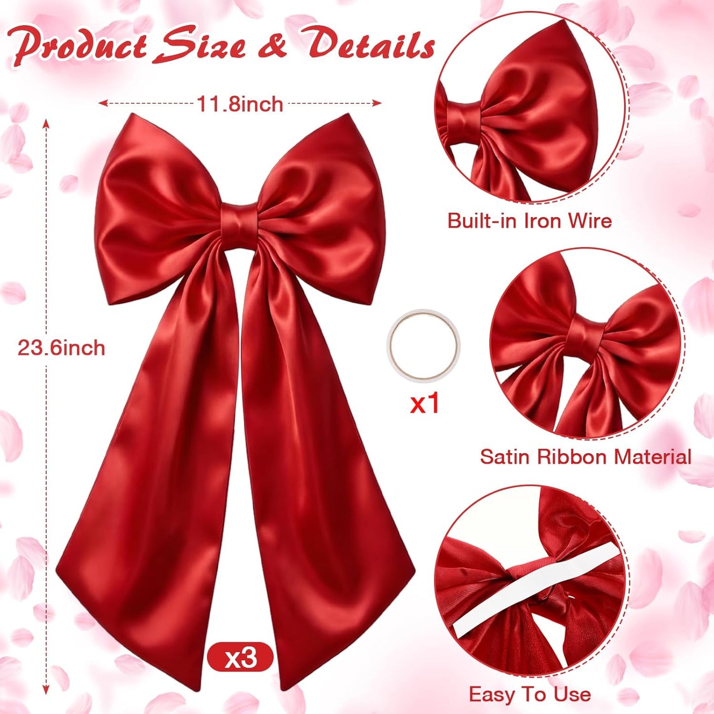 Suncalla Large Red Satin Bow Decorations - 3 Pcs 2 Ft Hanging Wall Decor for Parties & Events