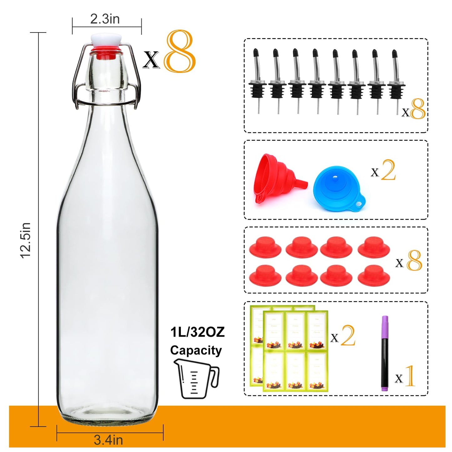 Woaiwo-q 8 Pack 32oz Swing Top Glass Bottles,Flip Top Brewing Bottle with Airtight Stopper Lids, for Juice, Water, Kombucha, Wine, Beer Brewing, Kefir Milk or Eggnog(Bonus Gaskets and Funnel)