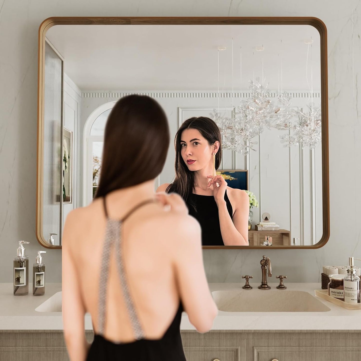 LOAAO Bathroom Mirror - 40x32 Inch Rounded Rectangle Design with Wood Grain Metal Frame | Anti-Rust, Versatile Hanging Options
