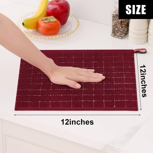 Homaxy 100% Cotton Terry Kitchen Dish Cloths, Ultra Soft and Absorbent Dish Towels for Kitchen, Suitable for Drying and Washing Dishes, 8 Pack, 12 x 12 Inches, Burgundy Red