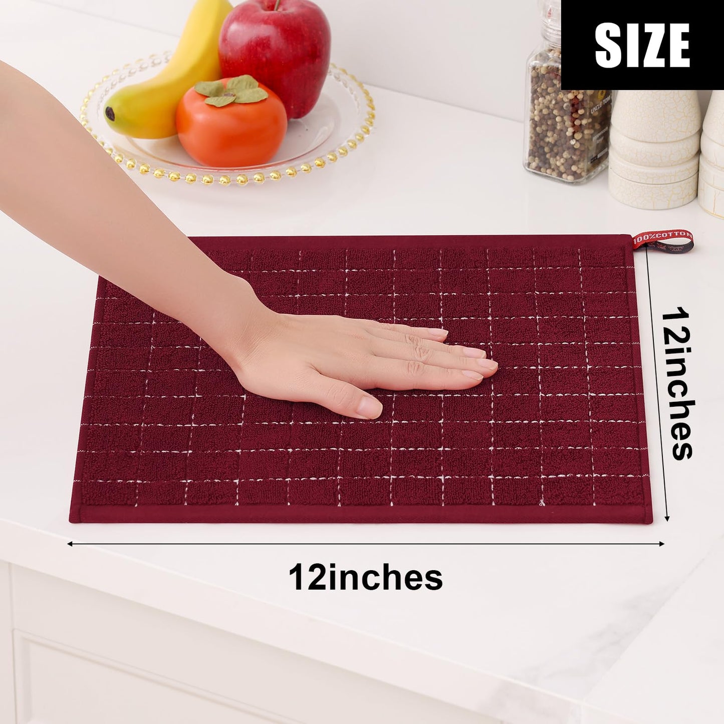 Homaxy 100% Cotton Terry Kitchen Dish Cloths, Ultra Soft and Absorbent Dish Towels for Kitchen, Suitable for Drying and Washing Dishes, 6 Pack, 12 x 12 Inches, Burgundy Red