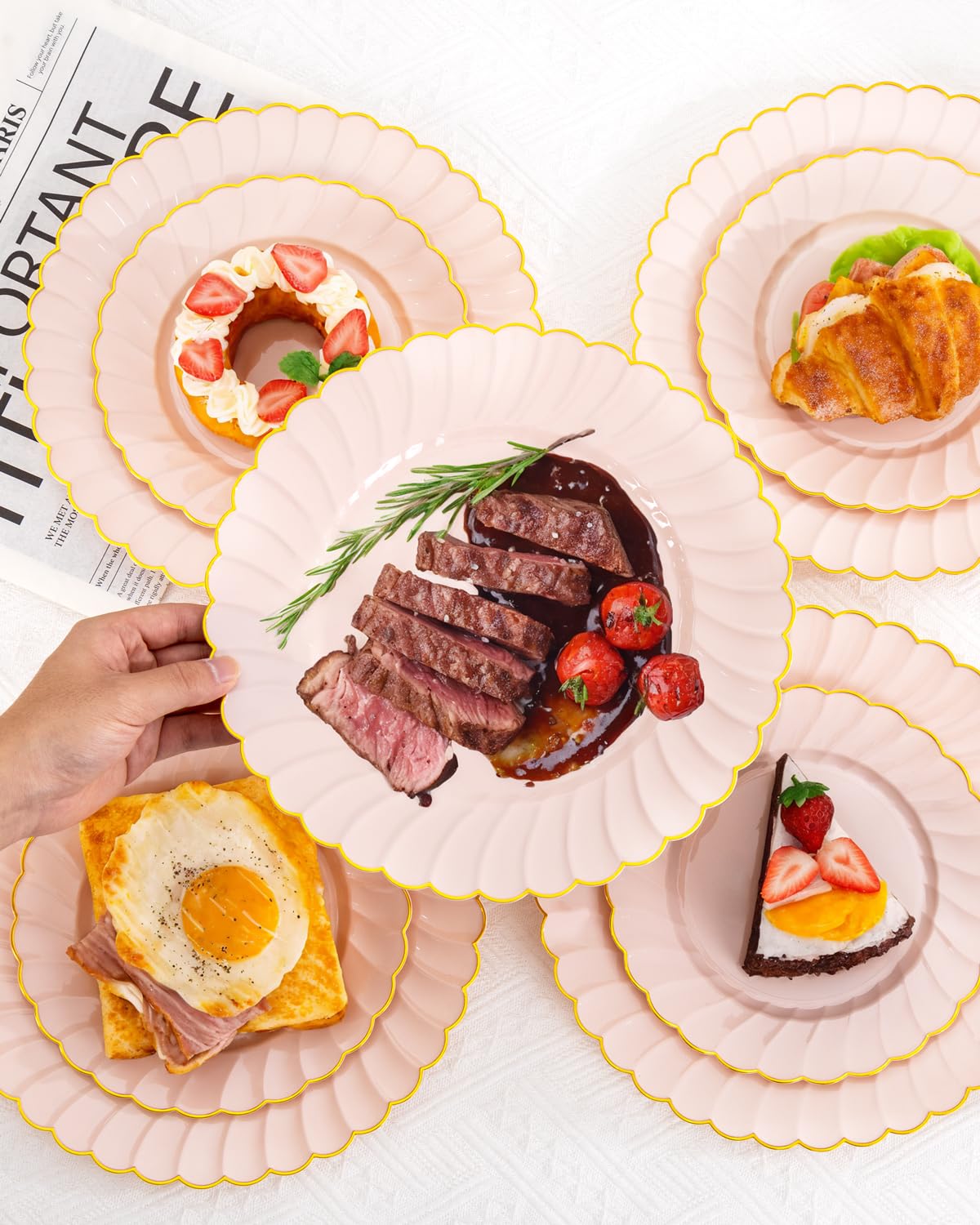 YOUBET 100PCS Pink Scalloped Plastic Plates - Heavy Duty Gold Disposable Fancy Hard Plates Include 50 Dinner Plate, 50 Dessert Plate, for Wedding & Party Mothers Day