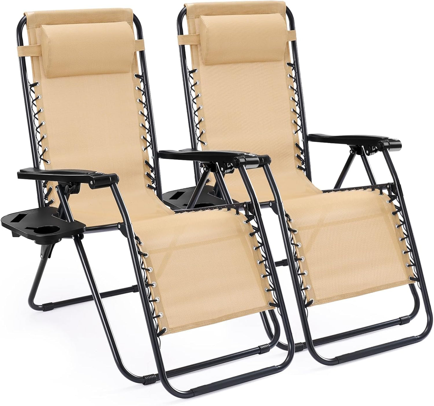 Sweetcrispy Zero Gravity Chairs - Set of 2 Portable Recliner Lounge Chairs with Cup Holders & Adjustable Pillows | Khaki