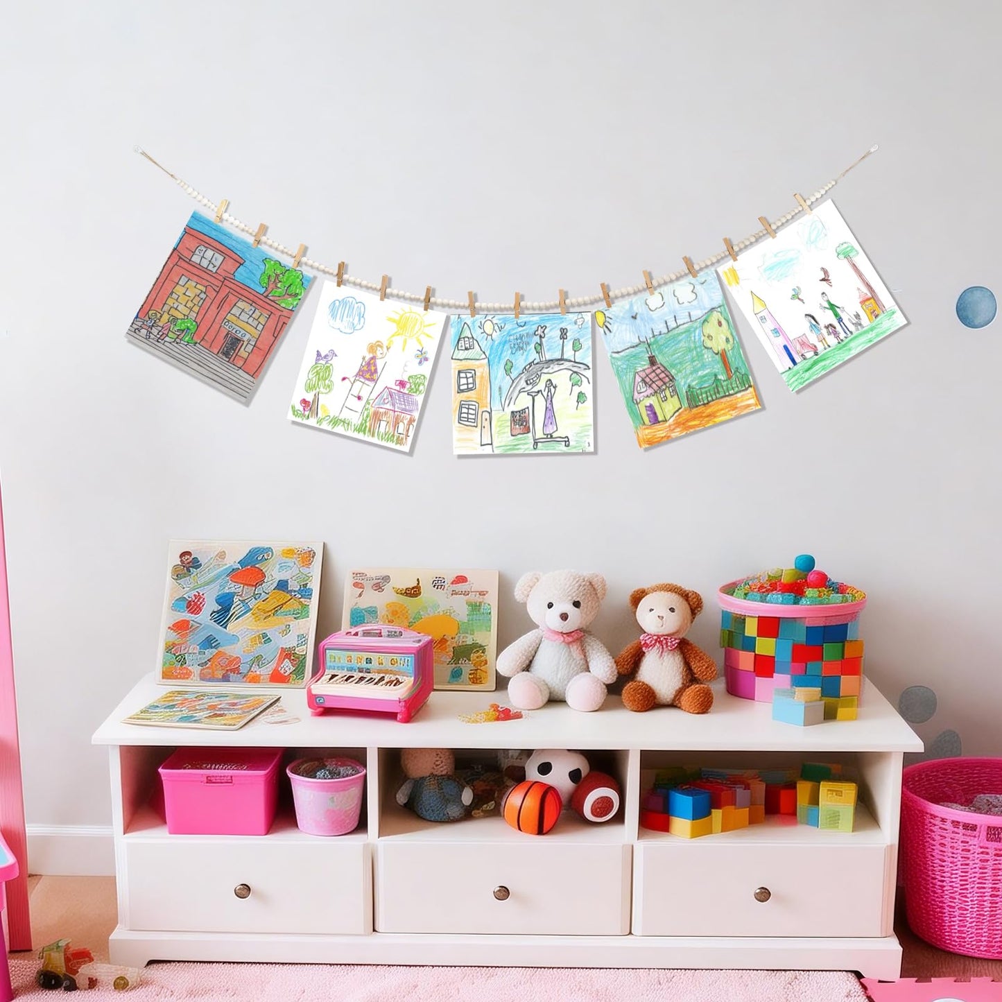 3PCS Hanging Photo Display with 45 Clips, 67 Inch Boho Wooden Bead Garland Photo Banner, Kids Art Display Collage Picture Postcard Display, Photo String for Bedroom Dorm Cubicle Wall Decor Teen Gifts