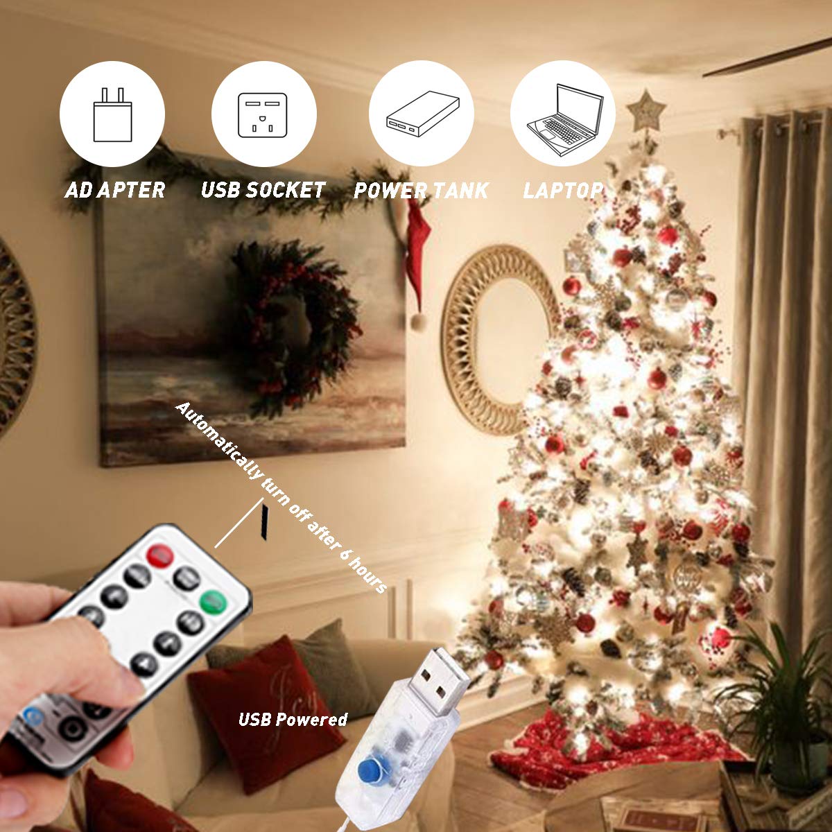 Microwear 33Ft Photo Clip String Lights,USB or Battery Powered,8 Modes 100 LED 10M Hanging String Fairy Lights with Remote,Decoration for Bedroom Christmas Wedding Décor