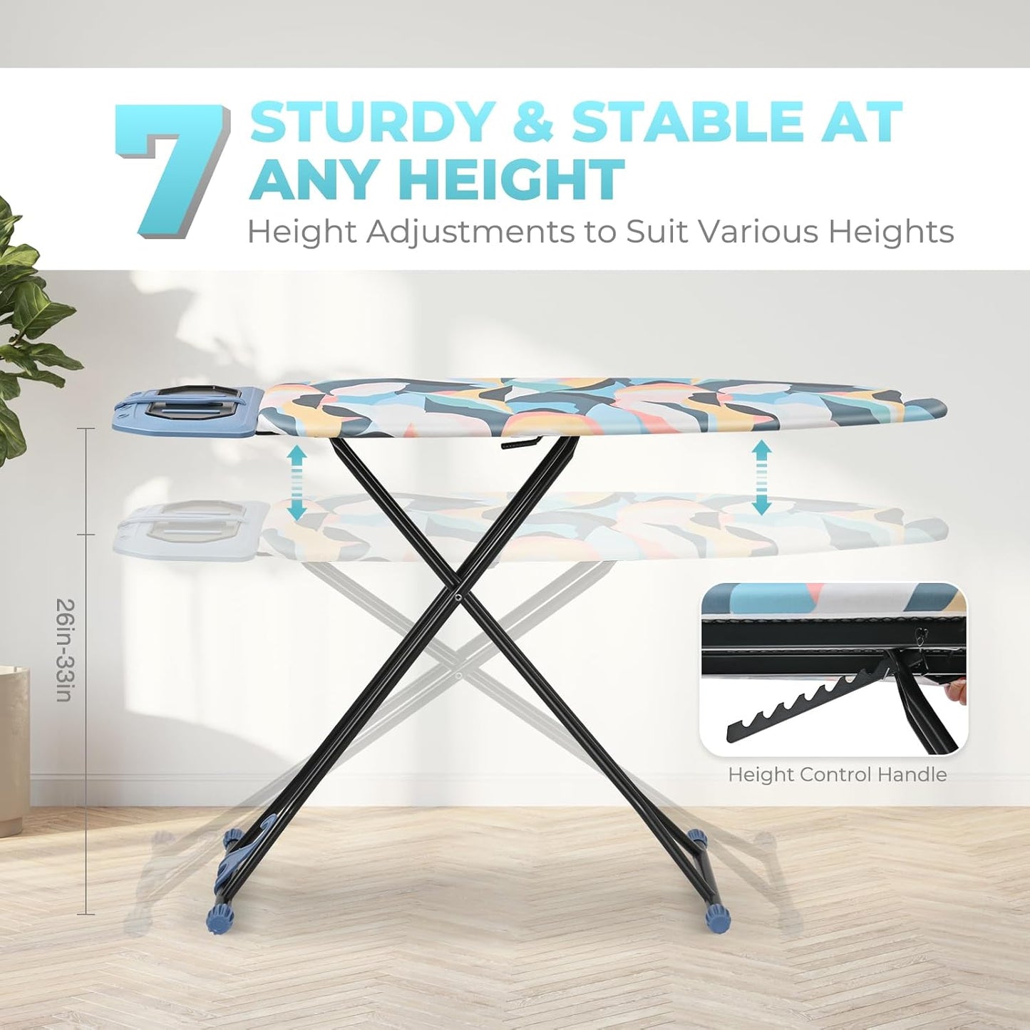 KINGBOARD Foldable Ironing Board - Heavy Duty Metal Panel with 7 Height Adjustments | Portable 45 x 15 Deep Blue
