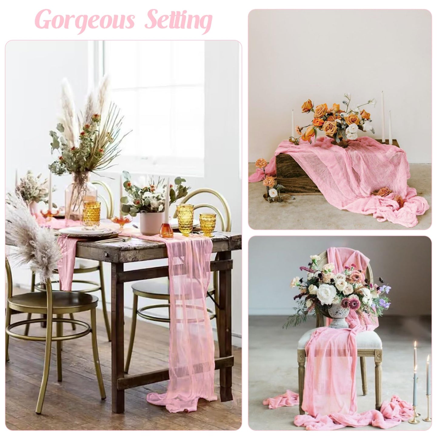 6 Pieces Pink Easter Spring 10FT Cheesecloth Table Runner Boho Gauze Fabric Table Runner Rustic Sheer Runner for Wedding Birthday Baby Shower Party Boho Table Decoration（Pink）