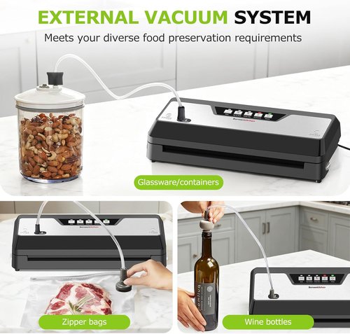 Bonsenkitchen Vacuum Sealer Machine - Multifunctional Food Sealer with Built-in Cutter & 5 Pre-Cut Bags, Black